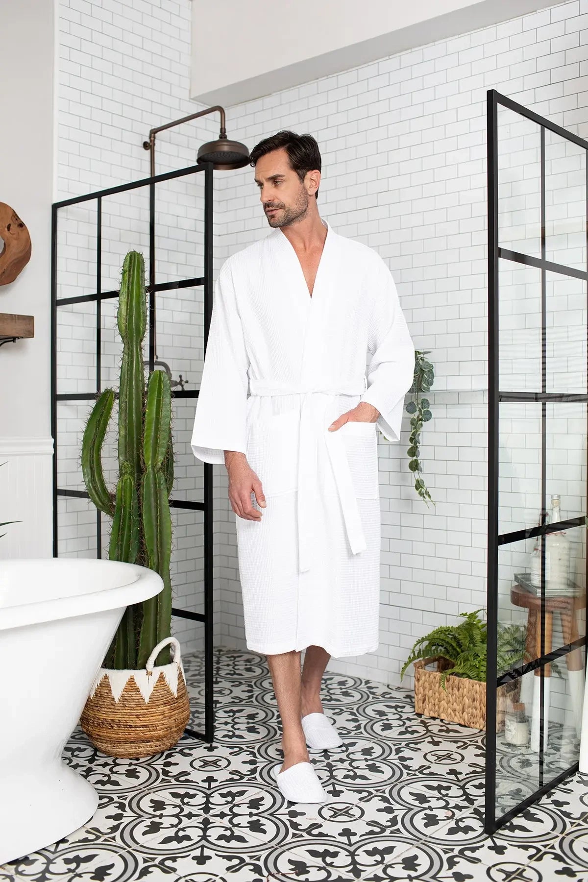 Waffle Kimono Spa Bathrobe for Men -  Absorbent, Lightweight